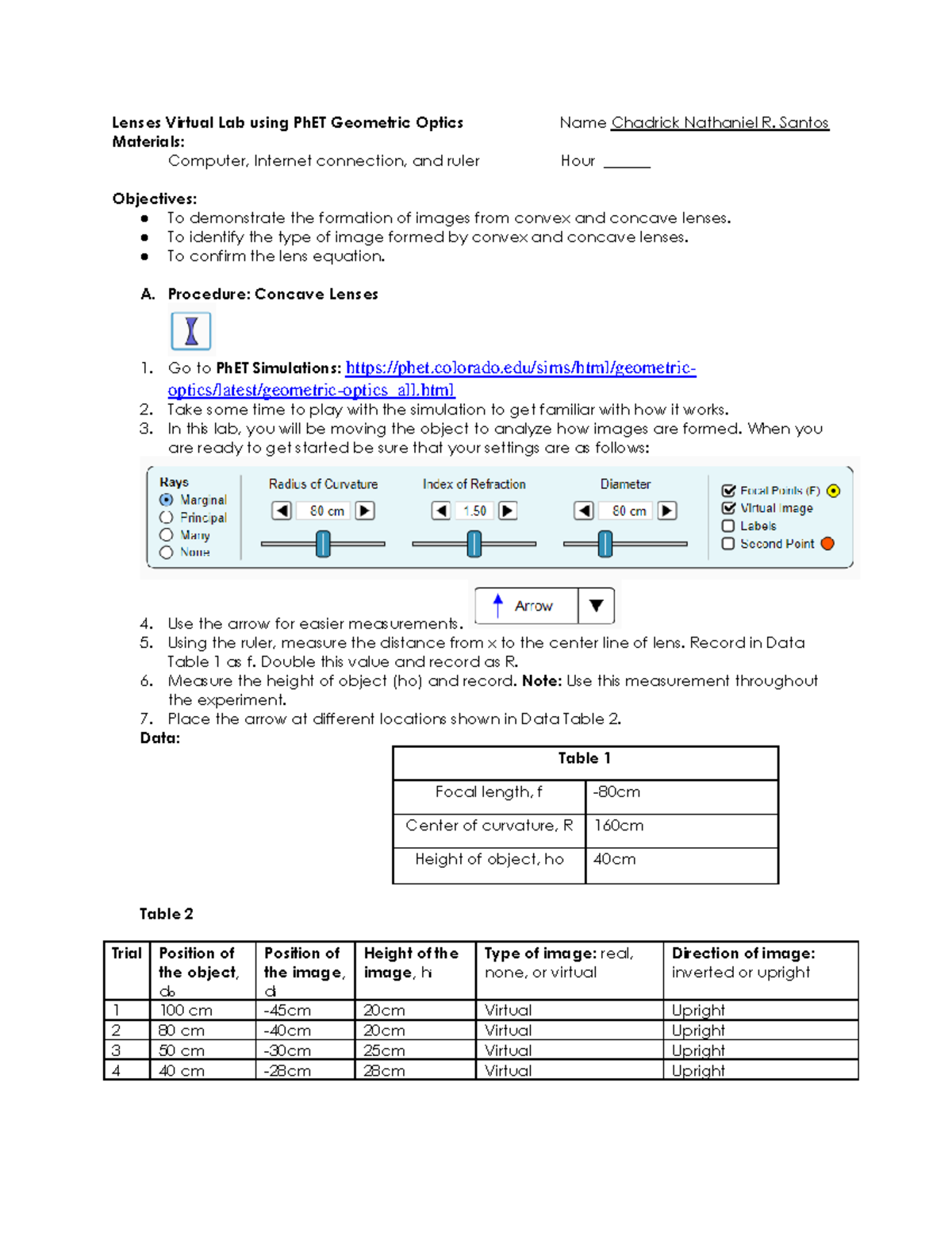 Santos Lab Activity 5 Lenses Virtual Lab using PhET Geometric Optics