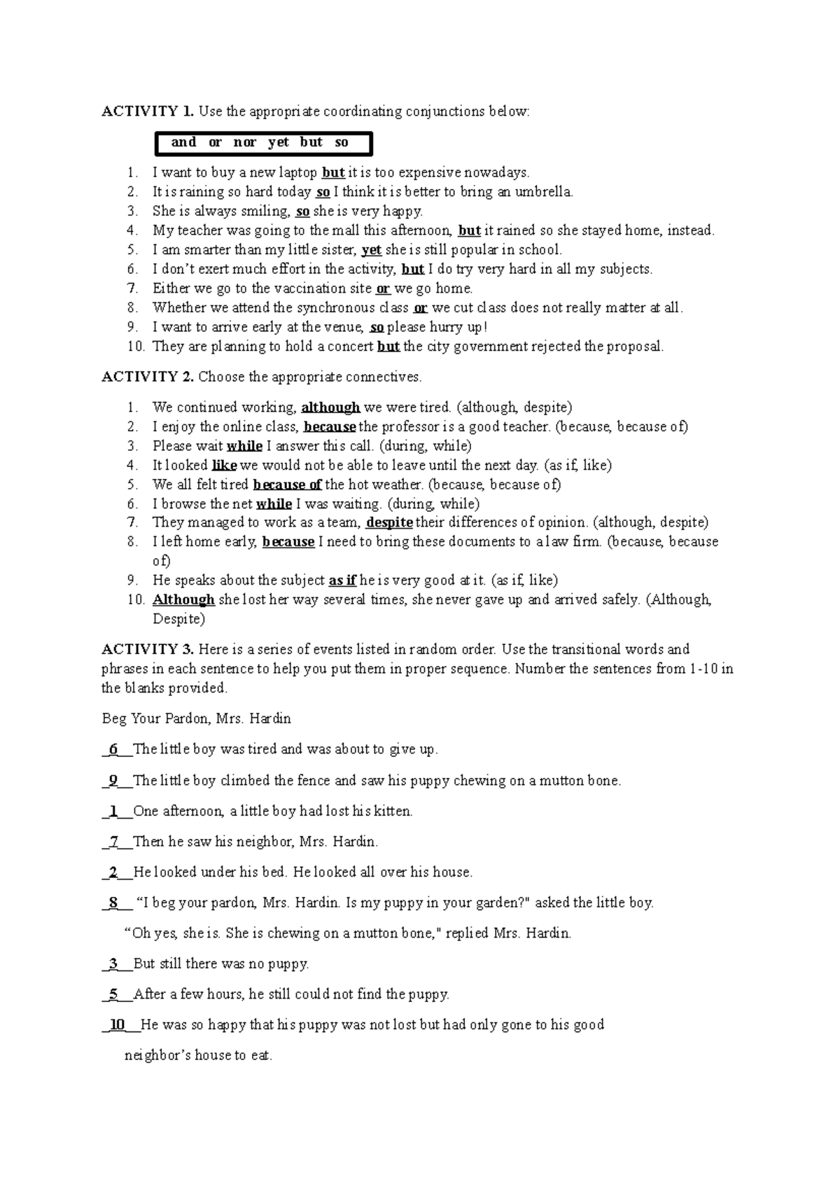 Activity 1 IKAW AT AKO - ACTIVITY 1. Use the appropriate coordinating ...