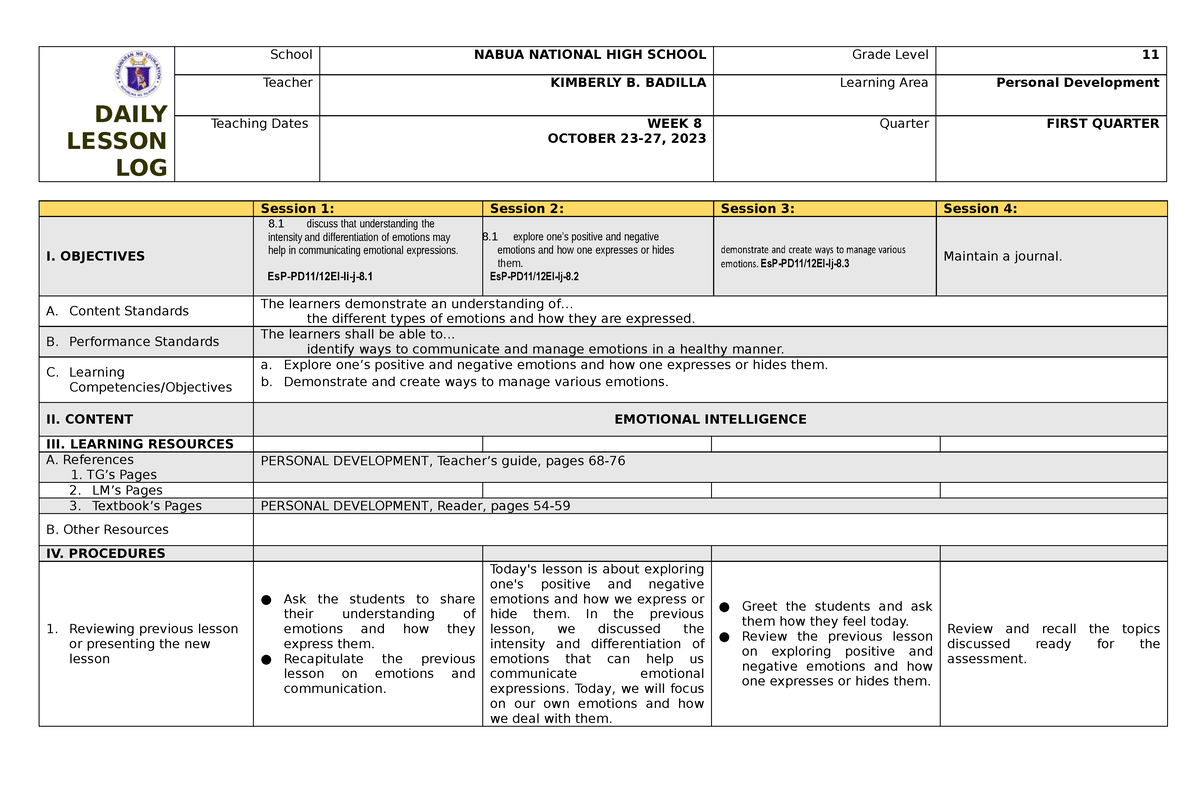 Perdev Q1 WEEK8 - LESSON PLAN DLL - DAILY LESSON LOG School NABUA ...