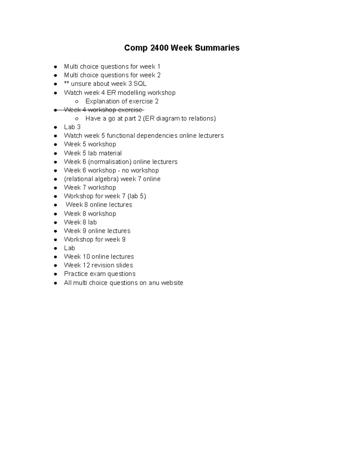 COMP2400 - Lecture notes - Comp 2400 Week Summaries Multi choice ...