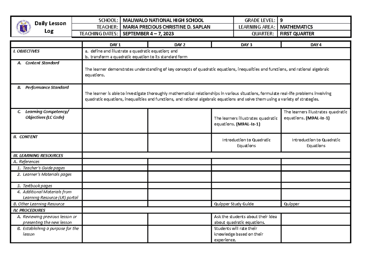 Dll Wk2 Math9 - Fegwthhsf - Daily Lesson Log School: Maliwalo National 