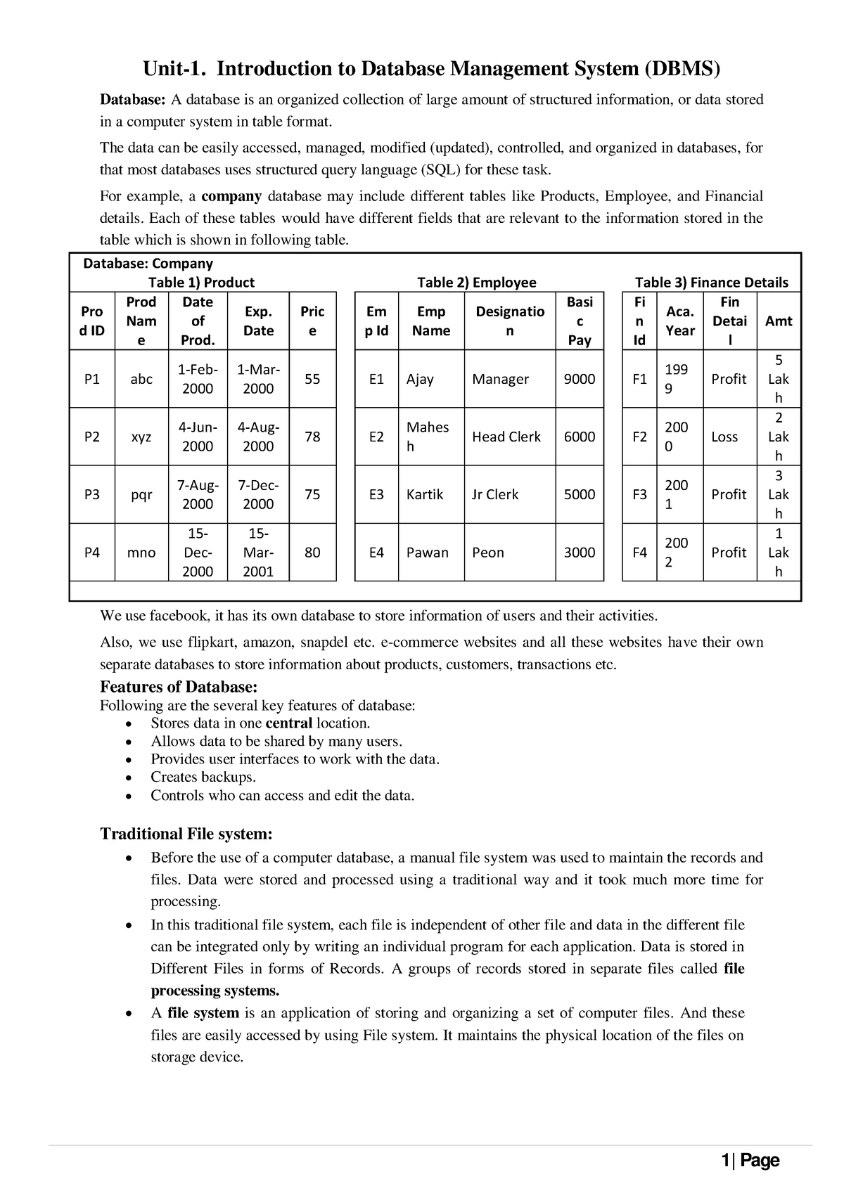 DBMS Unit-1 - Unit-1. Introduction To Database Management System (DBMS ...