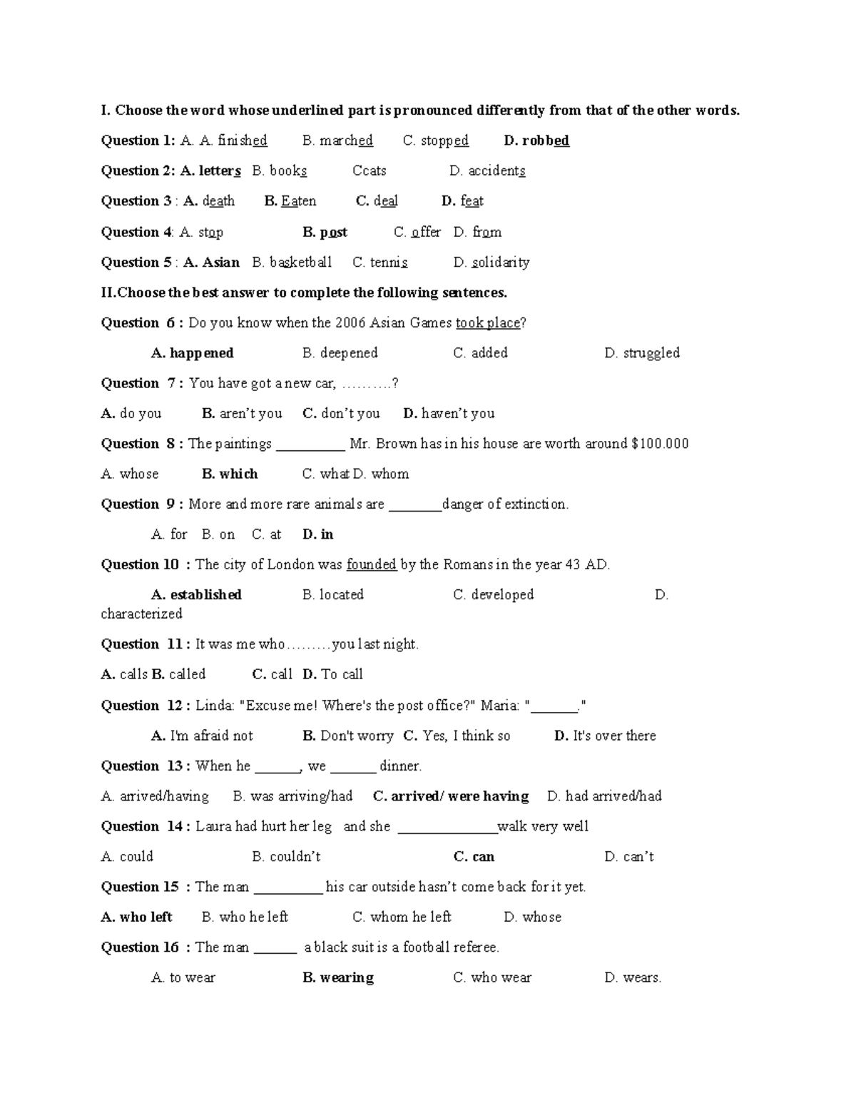 Đề ôn HKII Buổi 3 - I. Choose The Word Whose Underlined Part Is ...