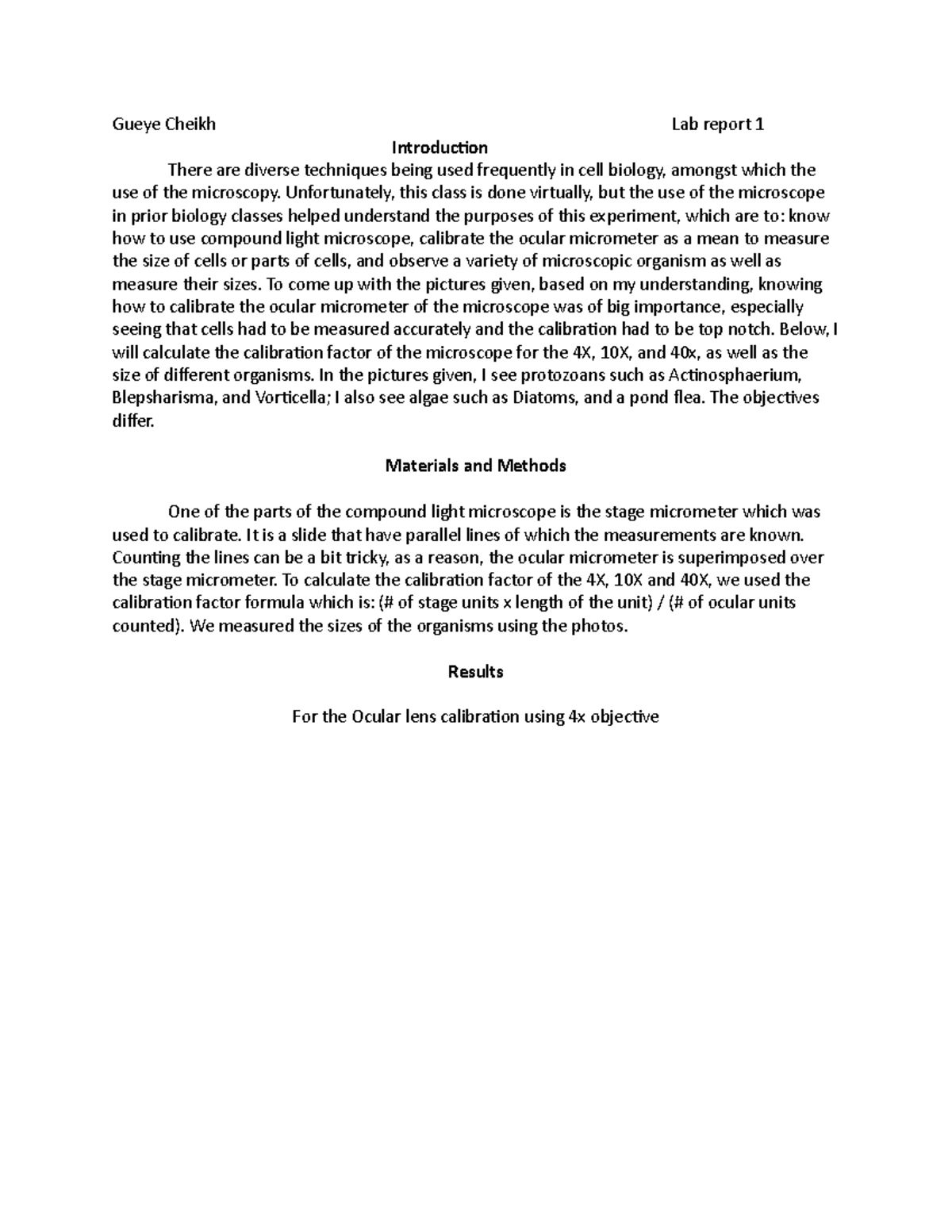 Lab report 1 for cell biology 303 - hunter - Gueye Cheikh Lab report 1 ...