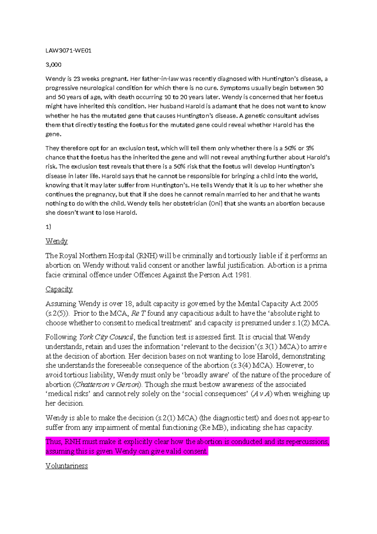 LAW3071 med PQ - problem question example - LAW3071-WE 3, Wendy is 23 ...
