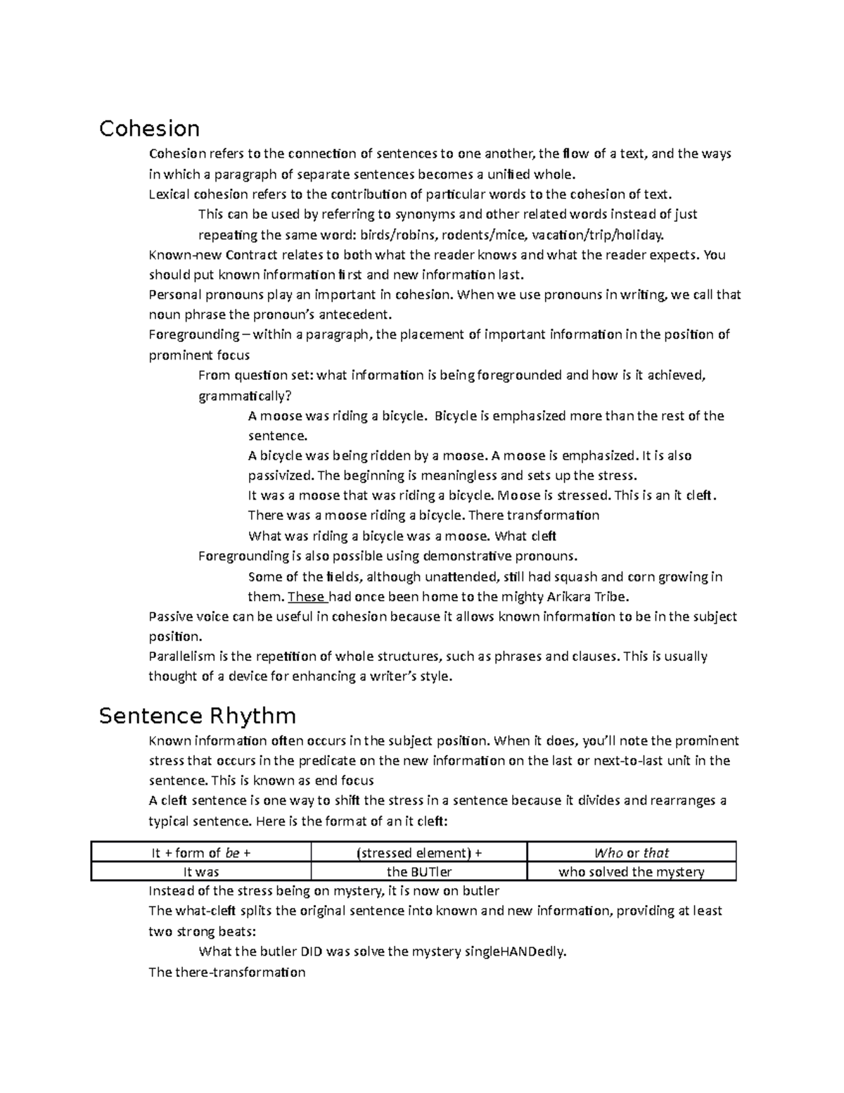 Quiz 3 Review - Lecture notes 13-19 - Cohesion Cohesion refers to the ...