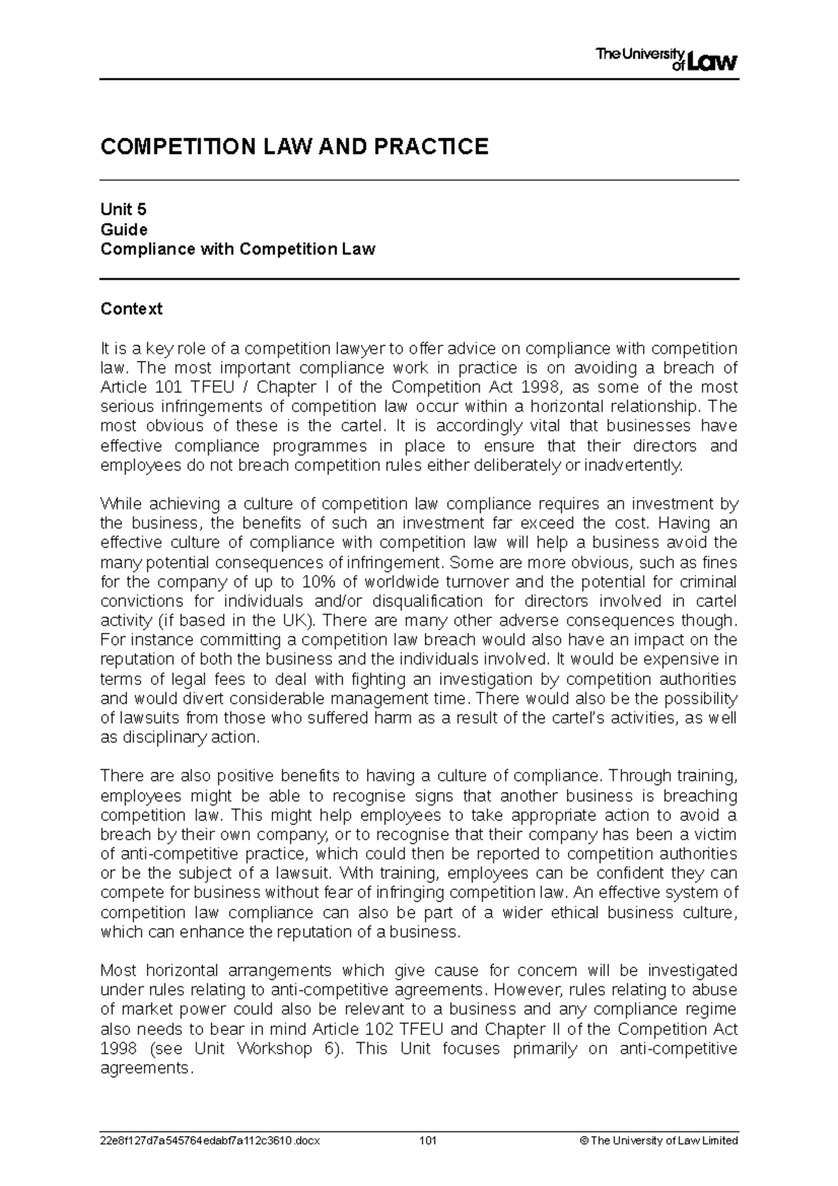 2122 comp ws05 ce01 guide - COMPETITION LAW AND PRACTICE Unit 5 Guide ...