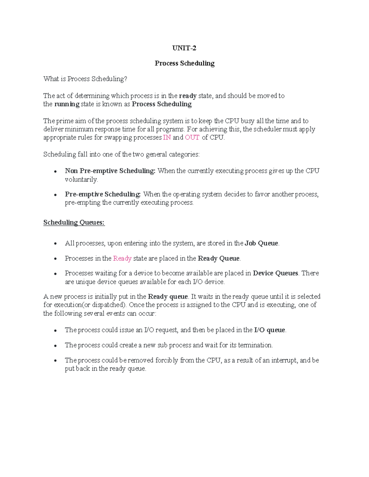 OPEARTING SYSTEM MATERIAL - UNIT- Process Scheduling What is Process ...