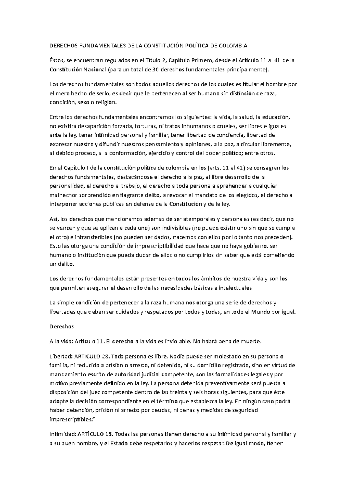 Derechos Fundamentales DE LA Constituci n Pol tica DE Colombia