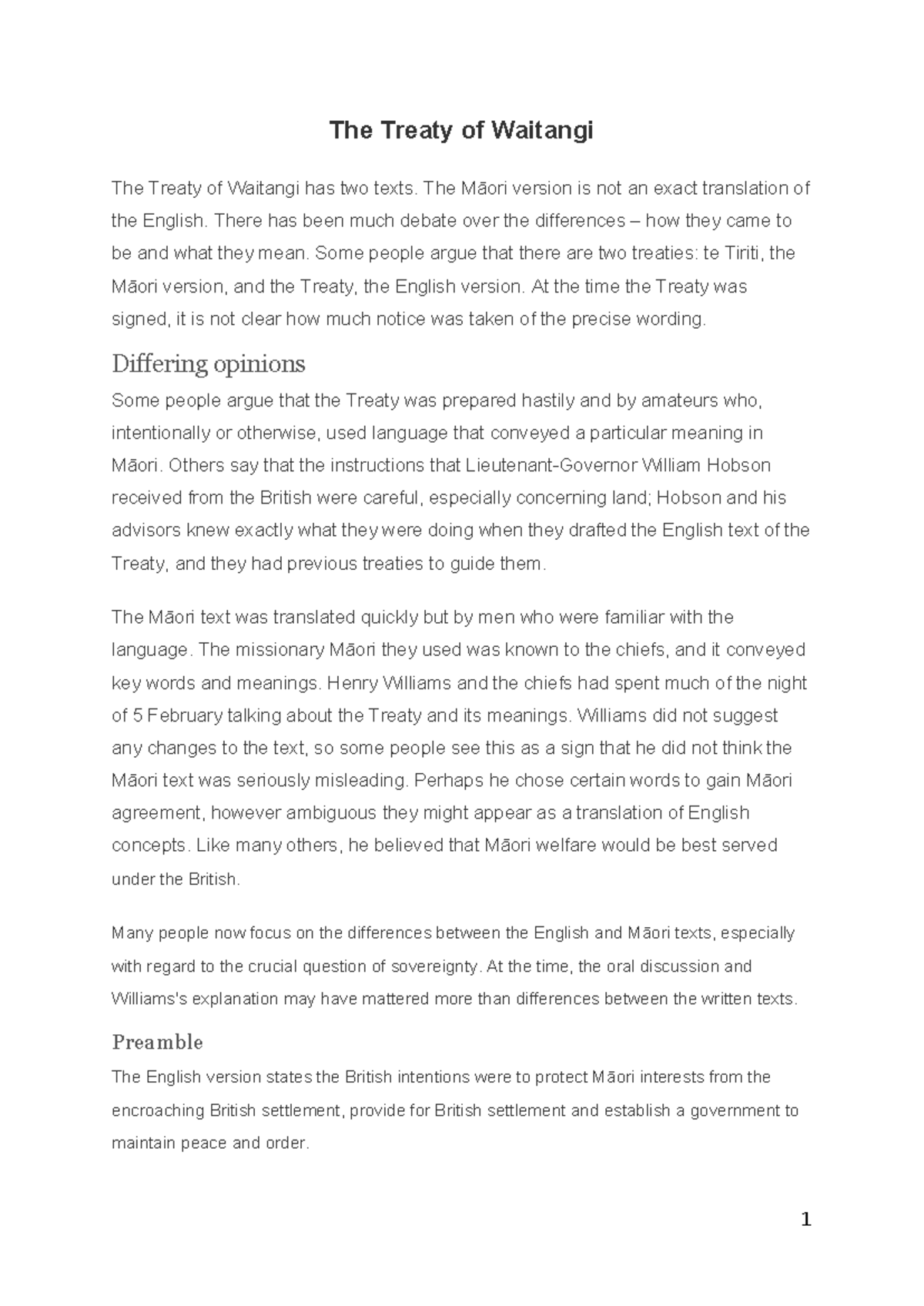 Treaty of waitangi - study notes - The Treaty of Waitangi The Treaty of ...
