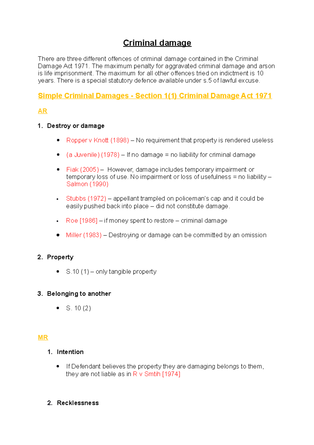 Criminal Damage Lecture Notes 9 Criminal Damage There Are Three