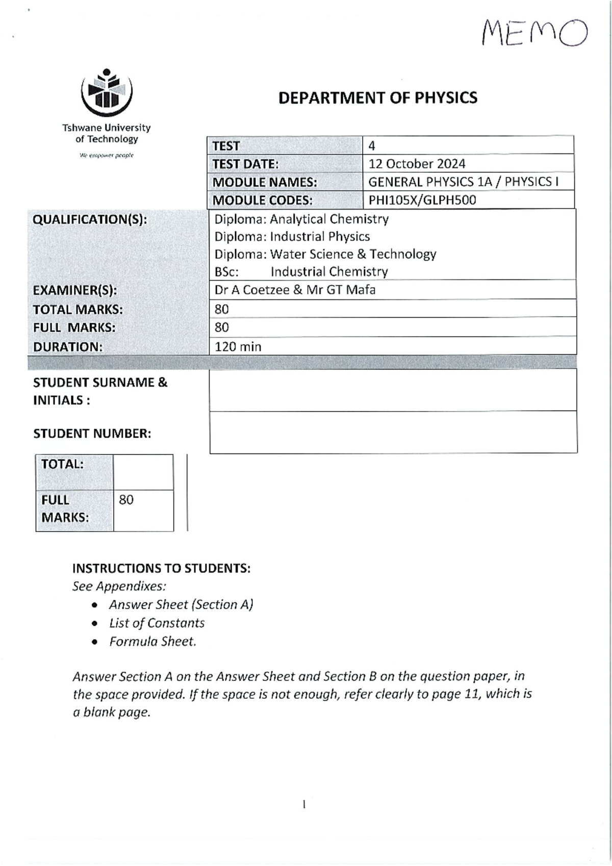 TEST 4 MEMO - Test 4 memo 2024 - MEMO DEPARTMENT OF PHYSICS Tshwane ...