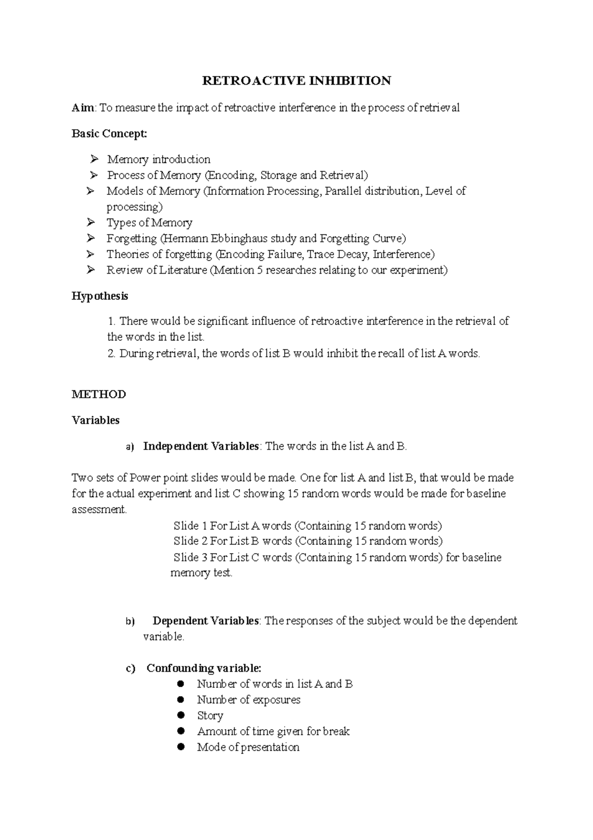 Retroactive Inhibition Outline SEM I RETROACTIVE INHIBITION Aim To