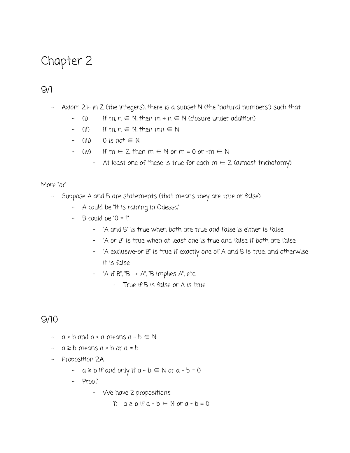 Math330 2 Thomas Zaslavsky Chapter 2 9/ Axiom 2 in Z (the integers