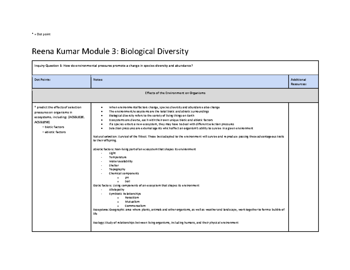 Module 3 biology prelim notes - * = Dot point Reena Kumar Module 3 ...