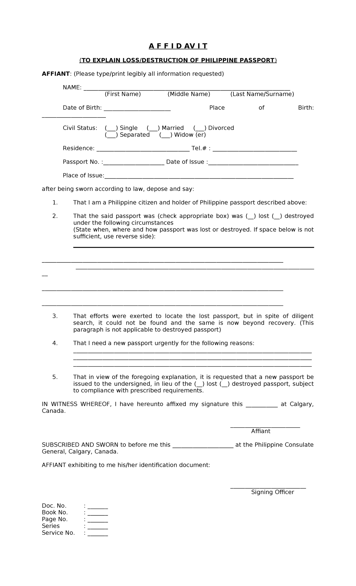 Affidavit of loss destruction passport - A F F I D AV I T (TO EXPLAIN ...