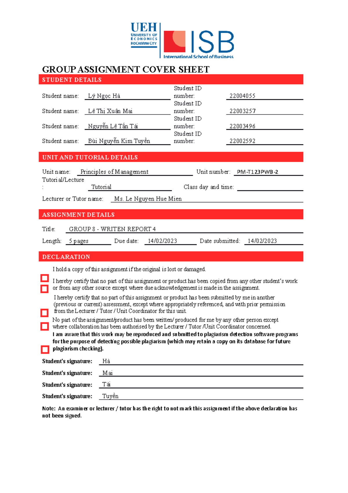 Written Report 4 - GROUP ASSIGNMENT COVER SHEET STUDENT DETAILS Student ...