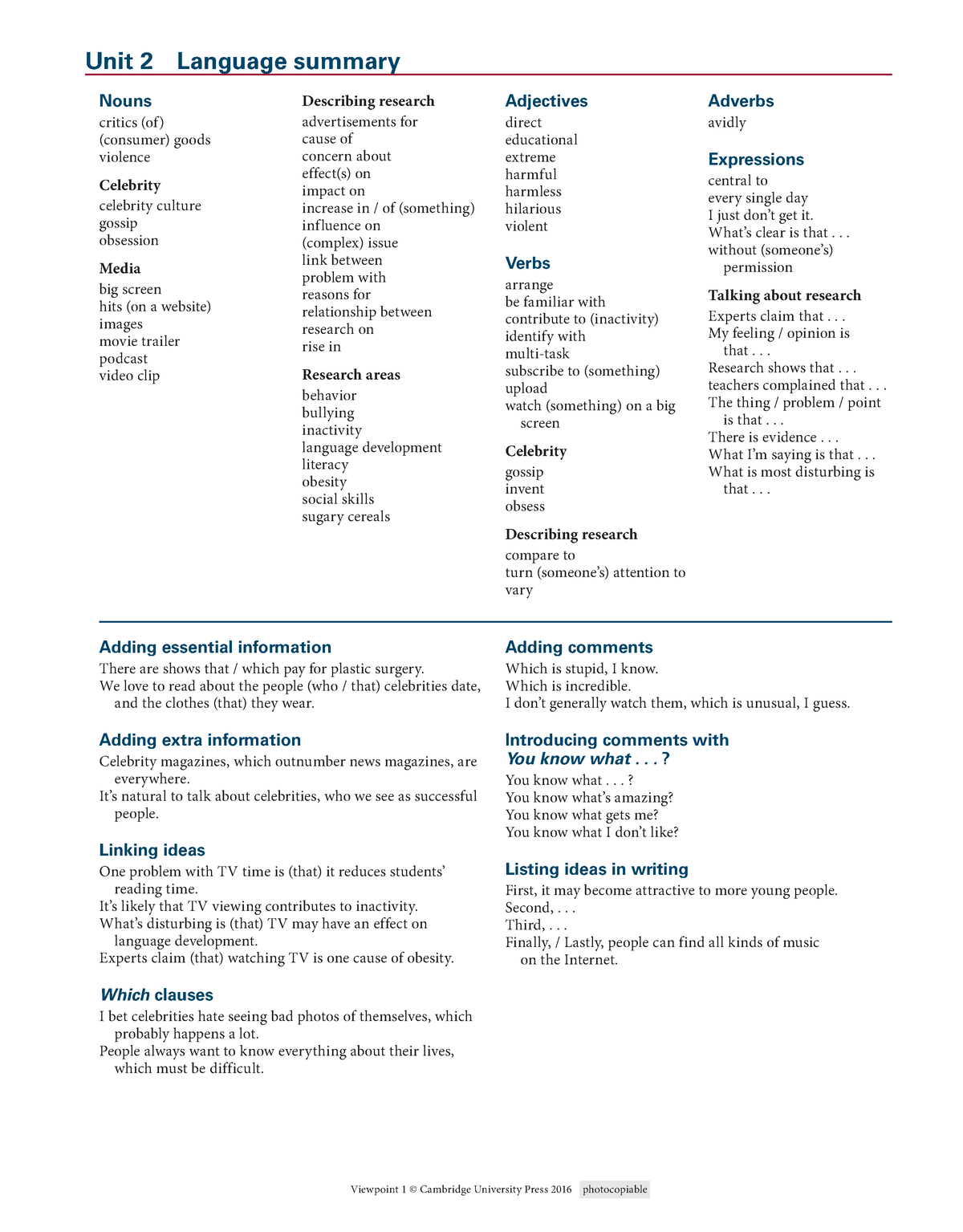 Unit 2 Language summary - Viewpoint 1 © Cambridge University Press 2016 ...