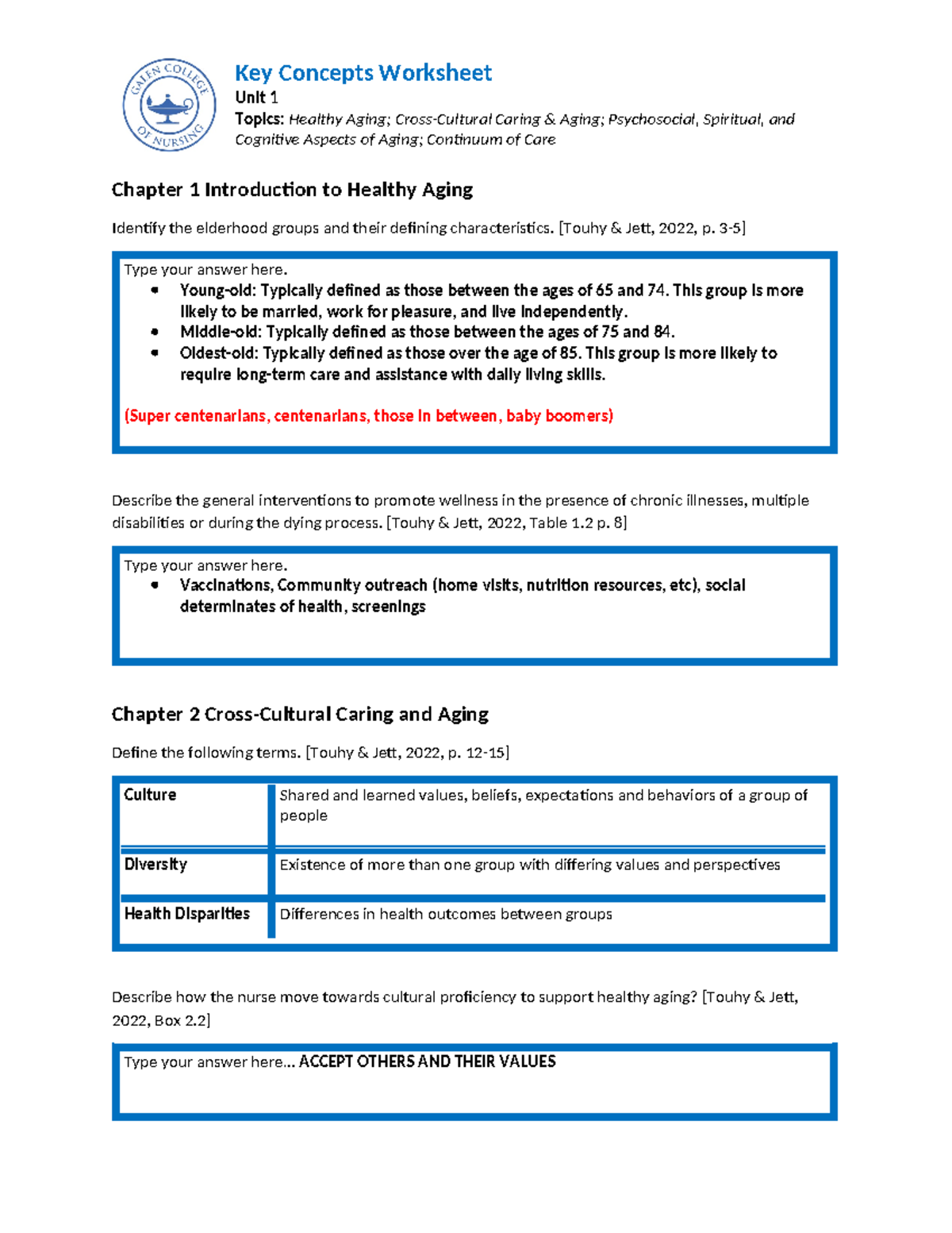 Unit 1 Key Concepts Worksheet- complete - Unit 1 Topics: Healthy Aging ...
