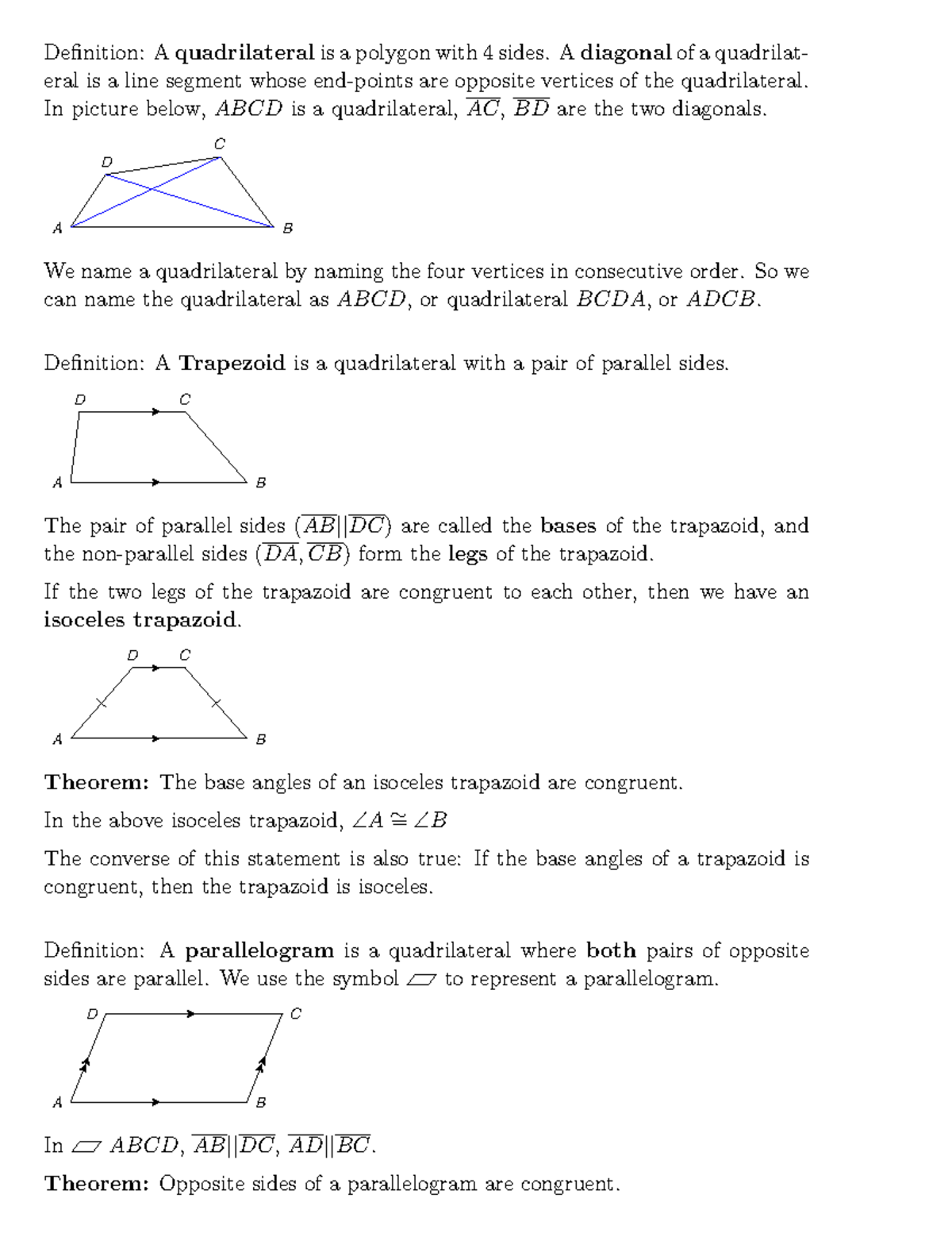 Geometry note parallelogram Definition A quadrilateral is a polygon