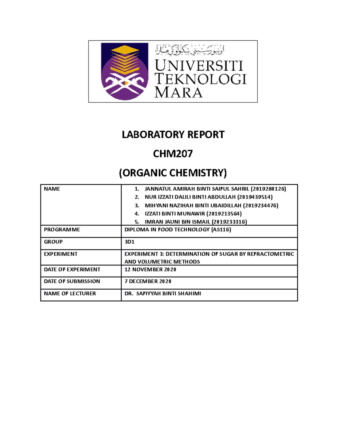 LAB3 Determination OF Sugar LABORATORY REPORT CHM207