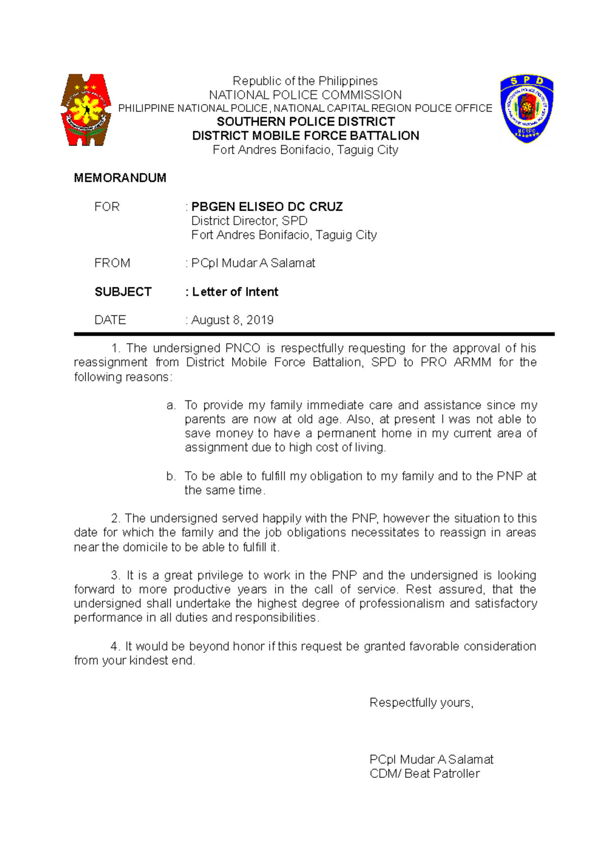 example of application letter for philippine national police