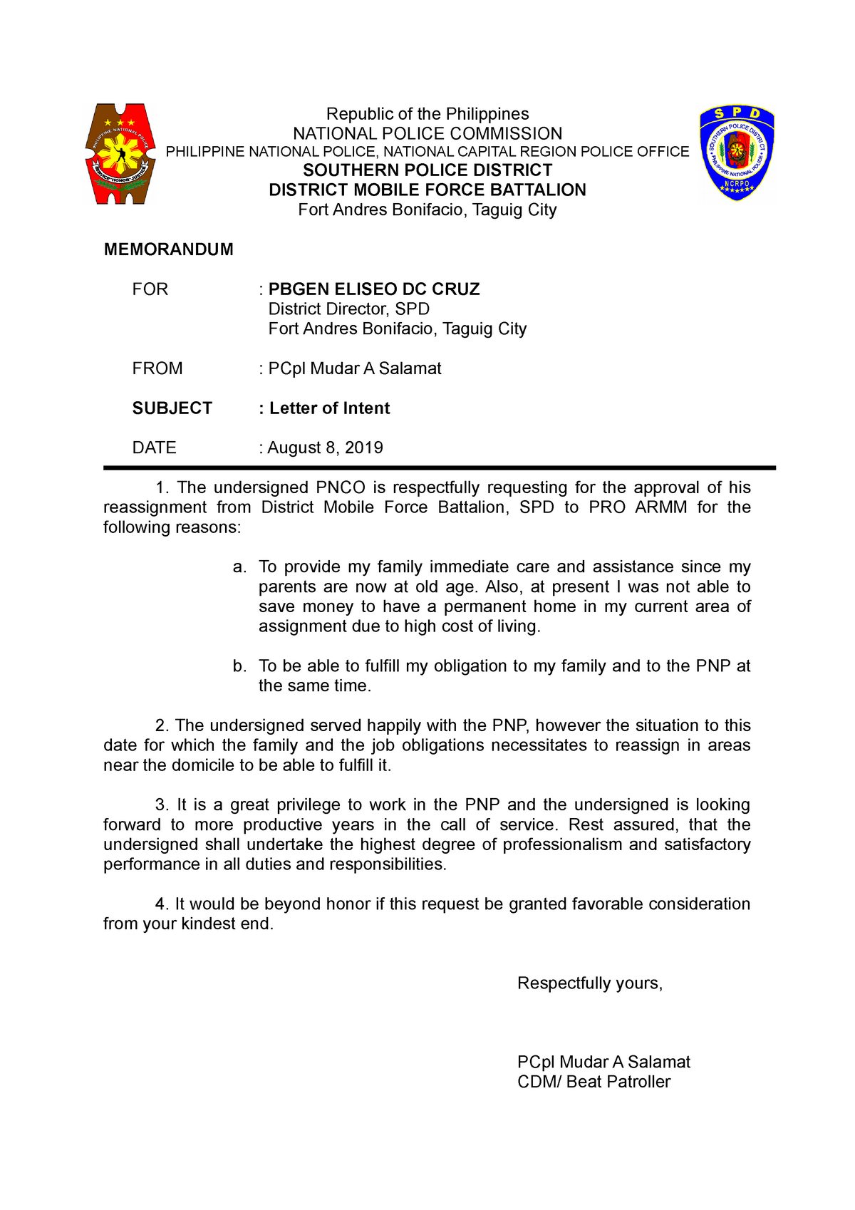 Letter Of Intent Sample Republic Of The Philippines NATIONAL POLICE 