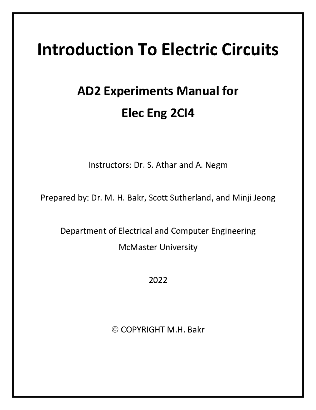 2CI4 AD2 Manual 2022 - AD2 homework set - Introduction To Electric ...