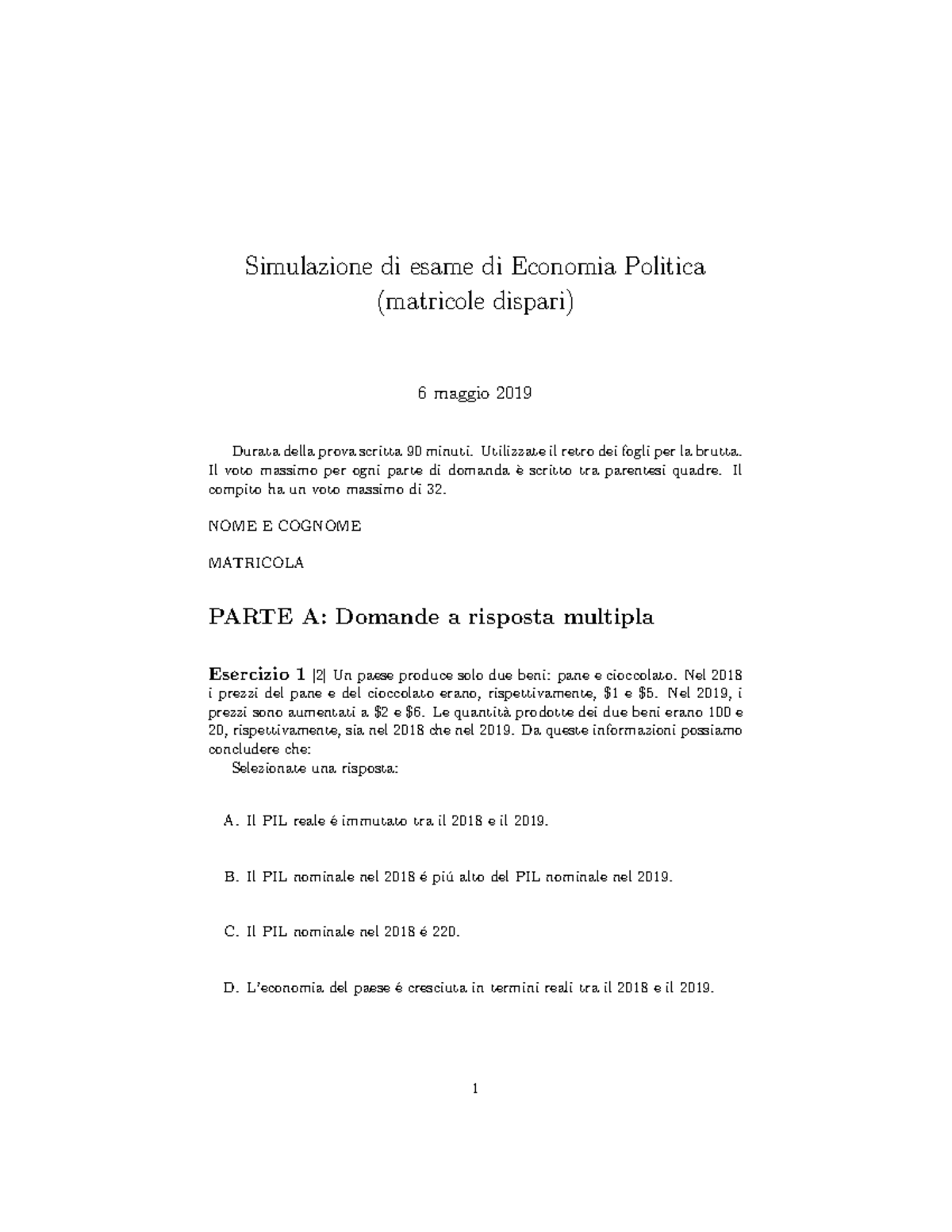 Esempio/prova D'esame 9 Maggio 2019, Domande - Simulazione Di Esame Di ...