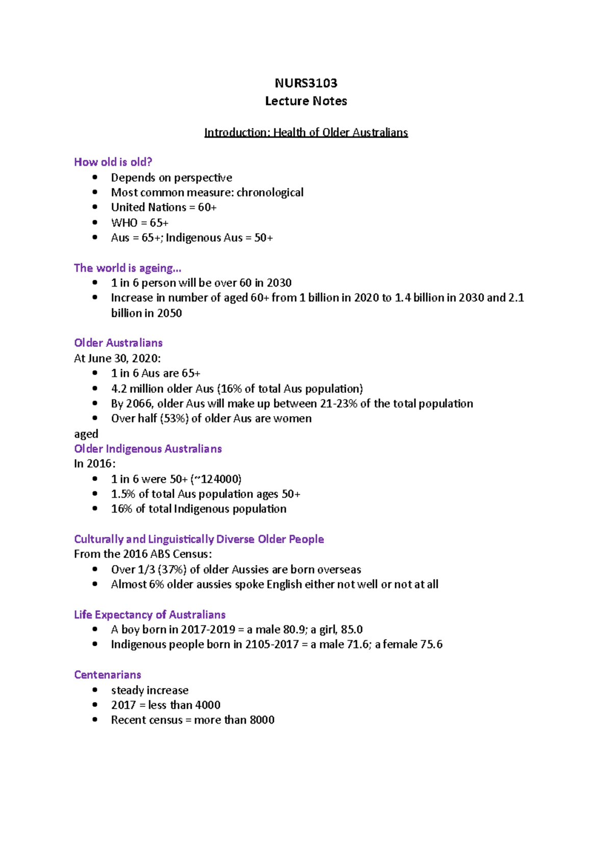 NURS3103 week 1 - NURS Lecture Notes Introduction: Health of Older ...