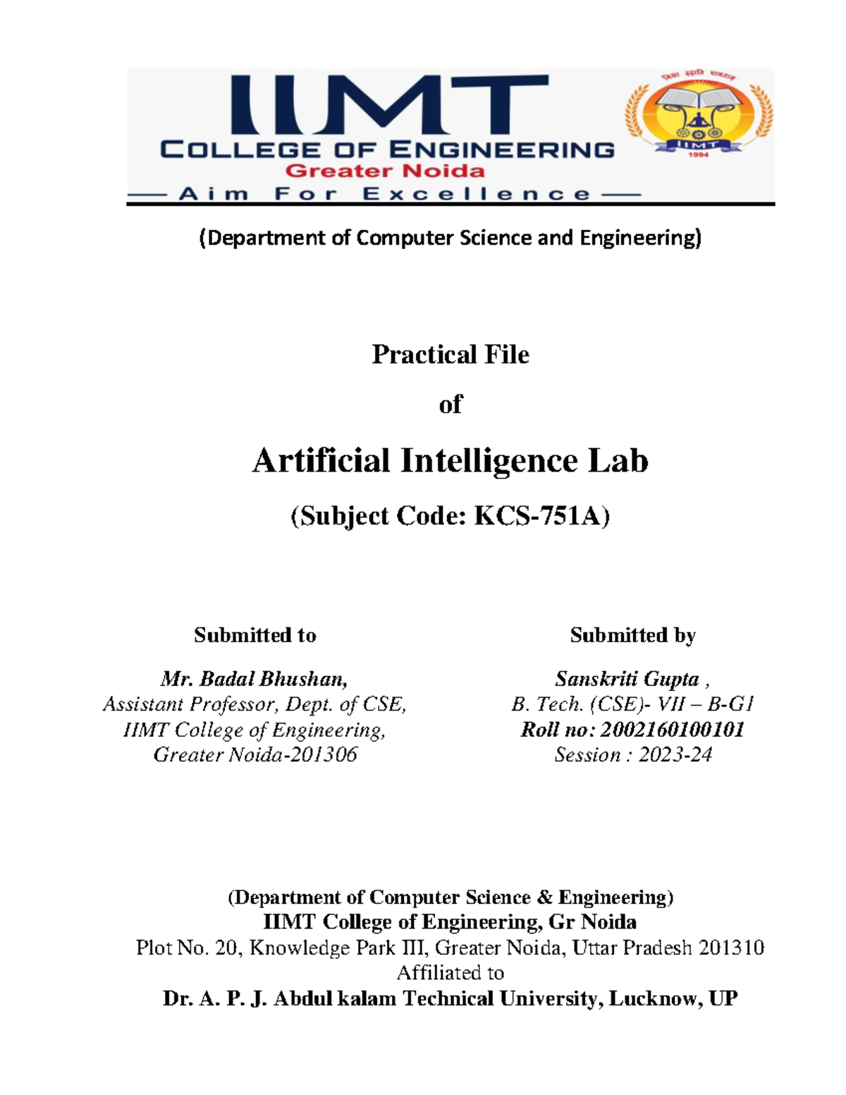 AI LAB FILE - (Department of Computer Science and Engineering ...