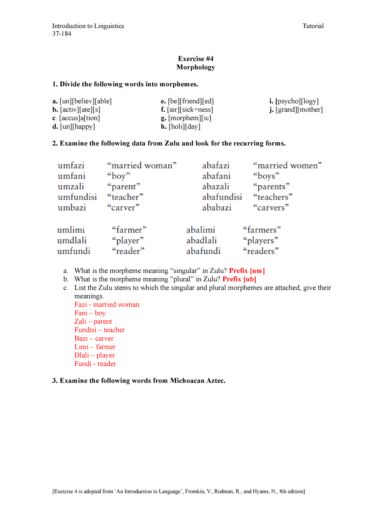 Morphology Exercises - Exercise Notes And Work - Introduction To ...