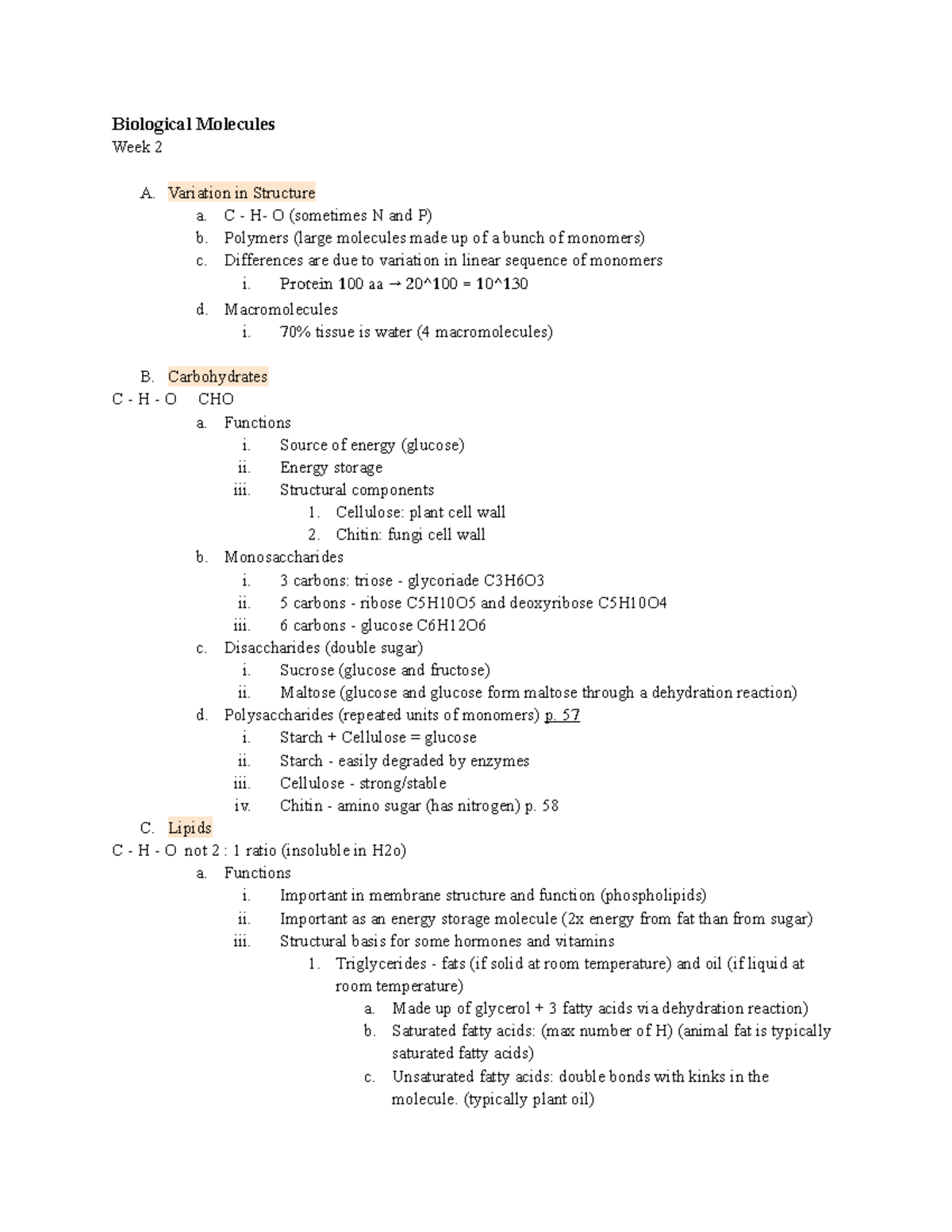 Week 2 biological molecules Biological Molecules Week 2 A