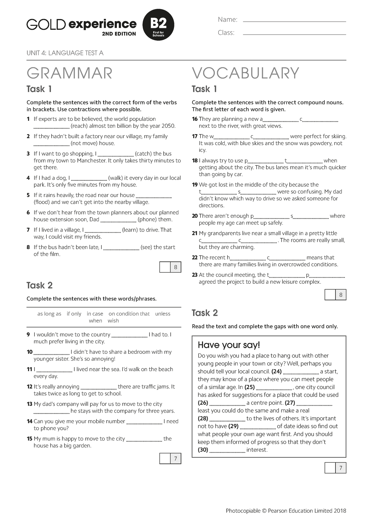 Gold Exp B2 U4 Lang Test A First for Schools - VOCABULARY Complete the ...