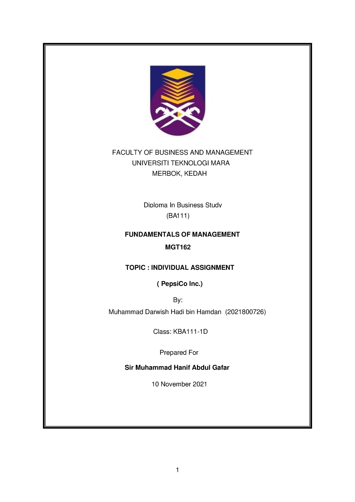 FINAL ASSIGNMENT - FACULTY OF BUSINESS AND MANAGEMENT UNIVERSITI ...