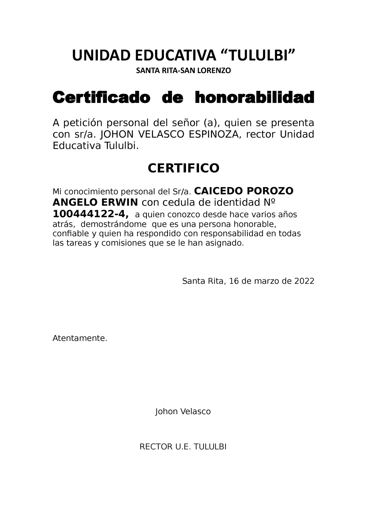 Certificado de honorabilidad PARA ESTUDIANTES  Periodismo De