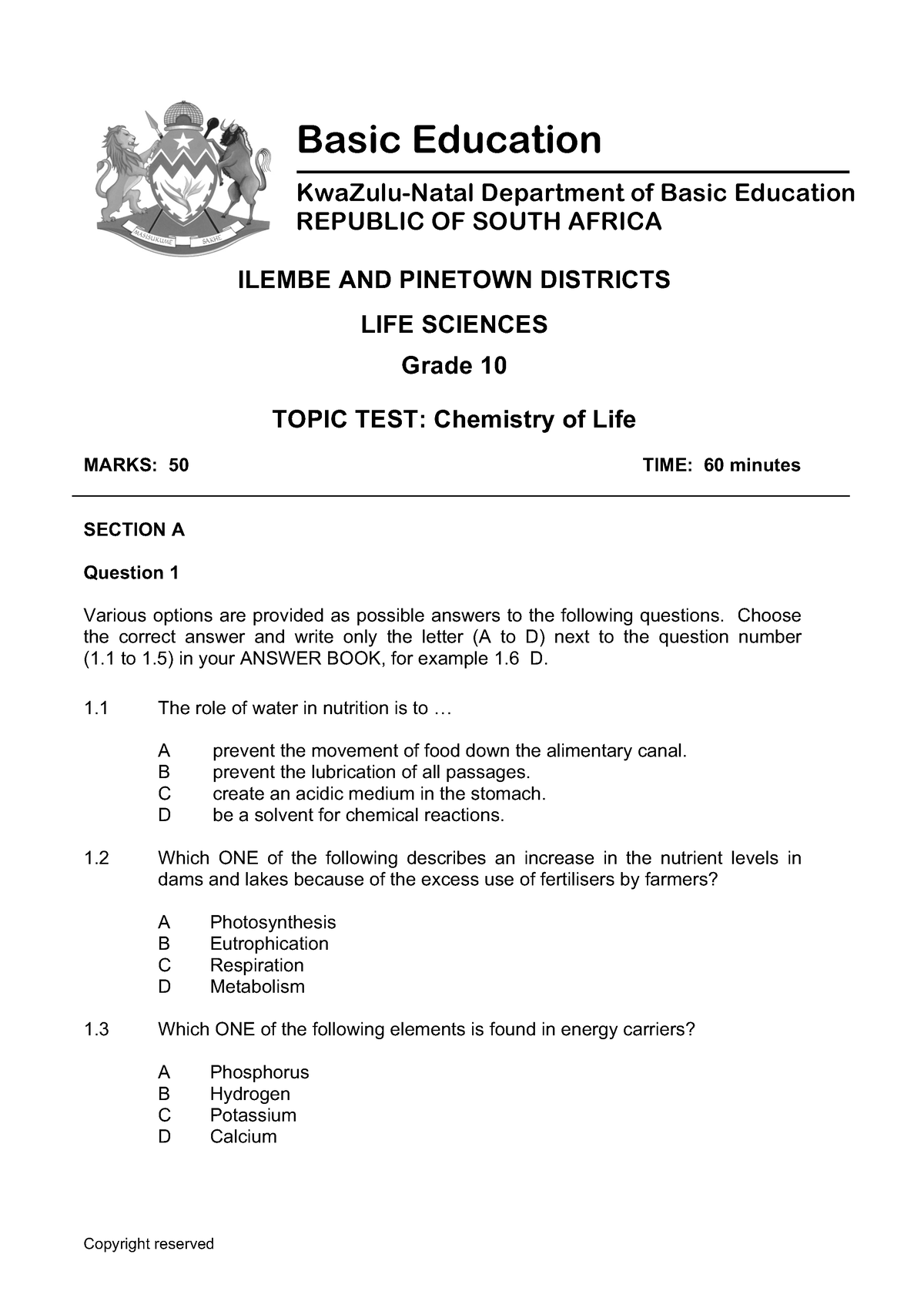 Grade 10 Topic Tests All Copyright Reserved Ilembe And Pinetown Districts Life Sciences Grade