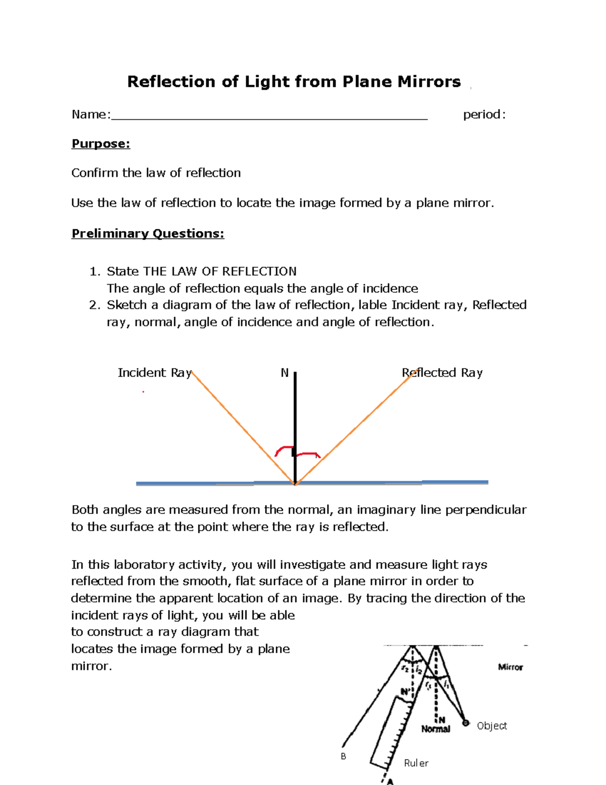 Reflection of Light from Plane Mirrors Lab - Reflection of Light from ...