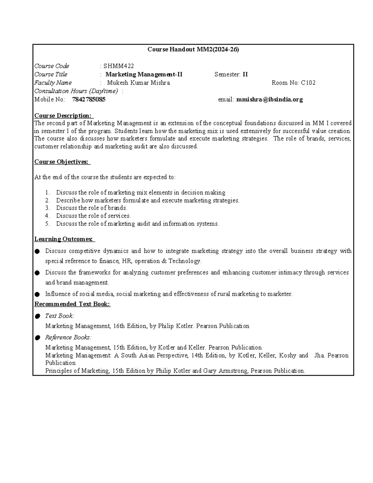MM2 Course handout 2024 - Course Handout MM2(2024-26) Course Code ...