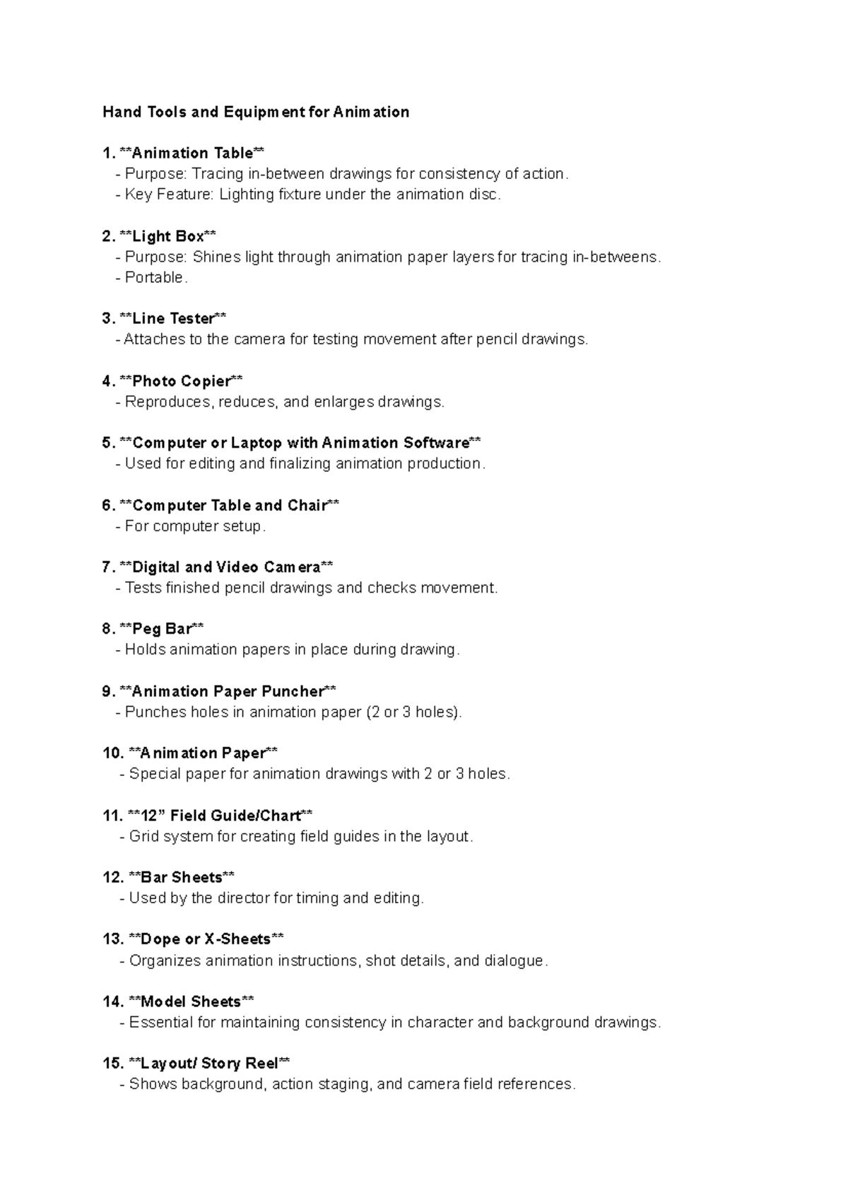 Animation Reviewer Hand Tools and Equipment for Animation Animation