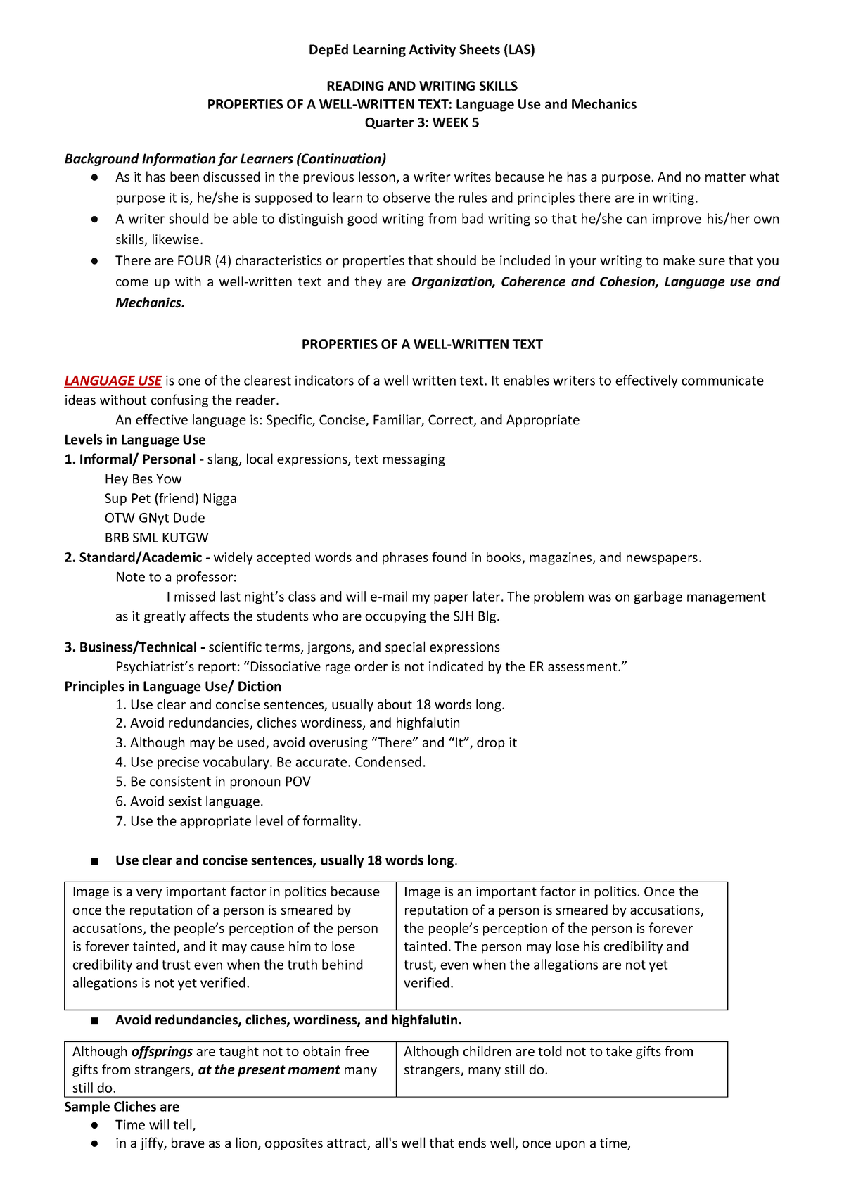 5 - Reading and Writing Subject - DepEd Learning Activity Sheets (LAS ...