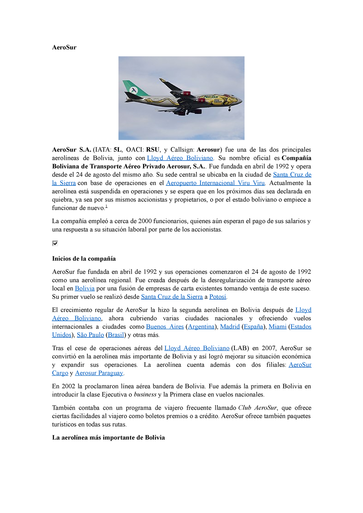 Aero Sur empresa AeroSur AeroSur S. IATA 5L OACI RSU y