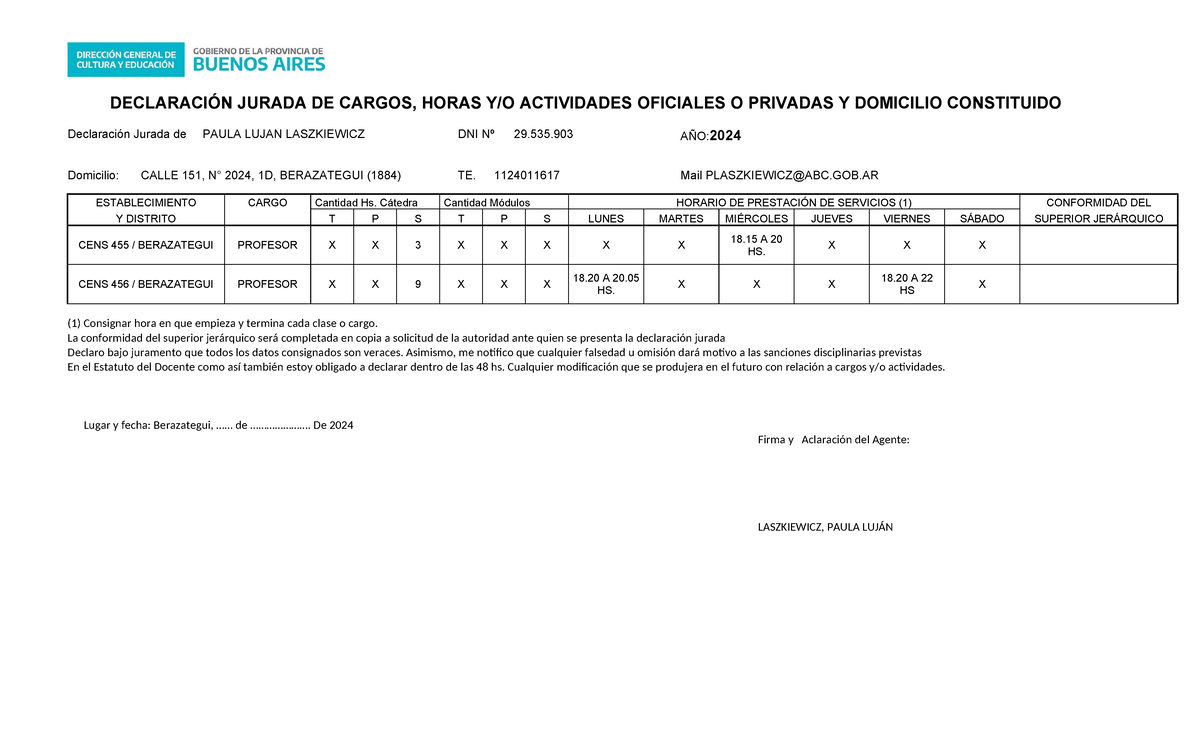 Declaracion Jurada Incomp 2024 DeclaraciÓn Jurada De Cargos Horas Y