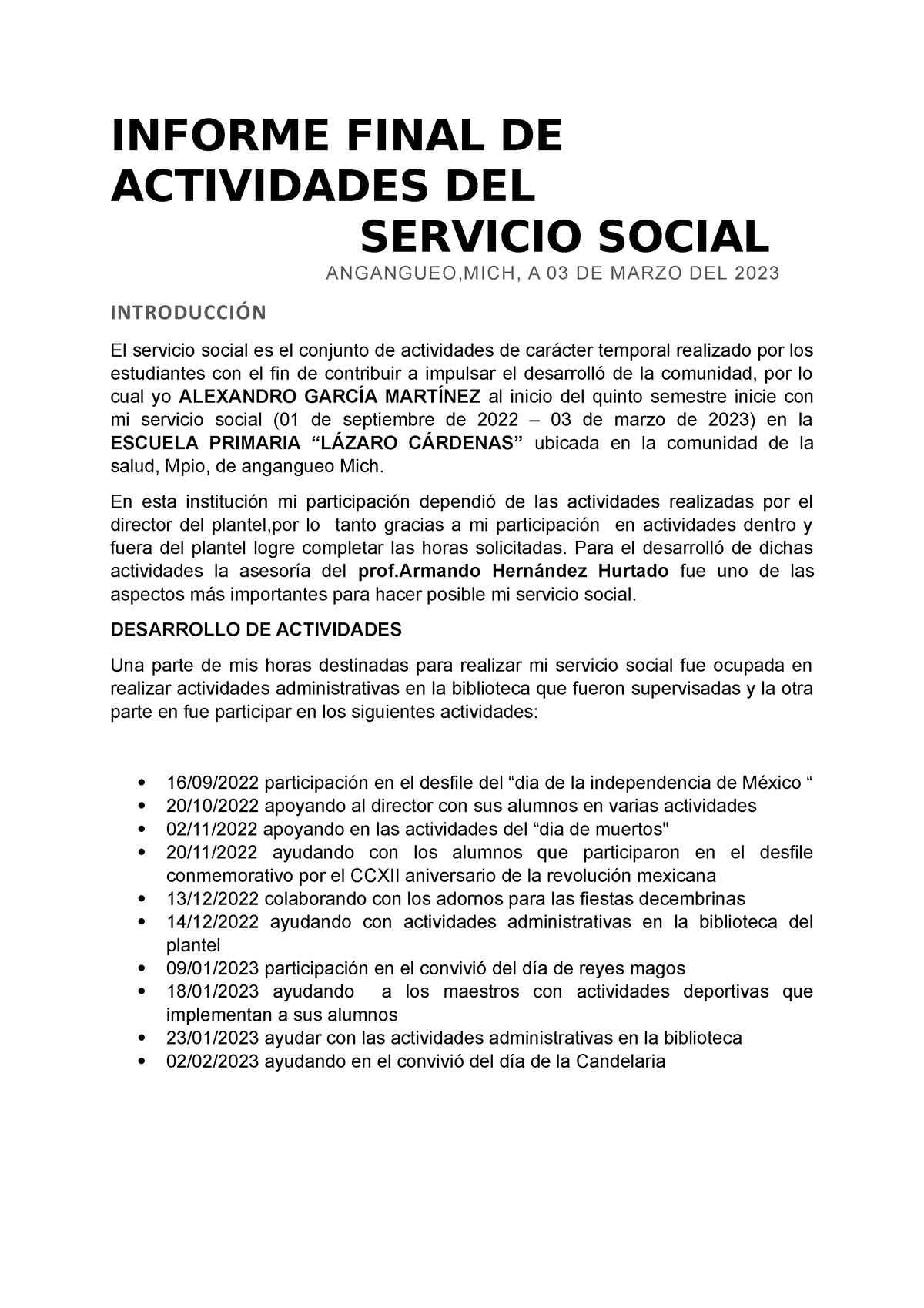 Reporte Servicio Social Informe Final De Actividades Del Servicio Social Angangueo Mich A