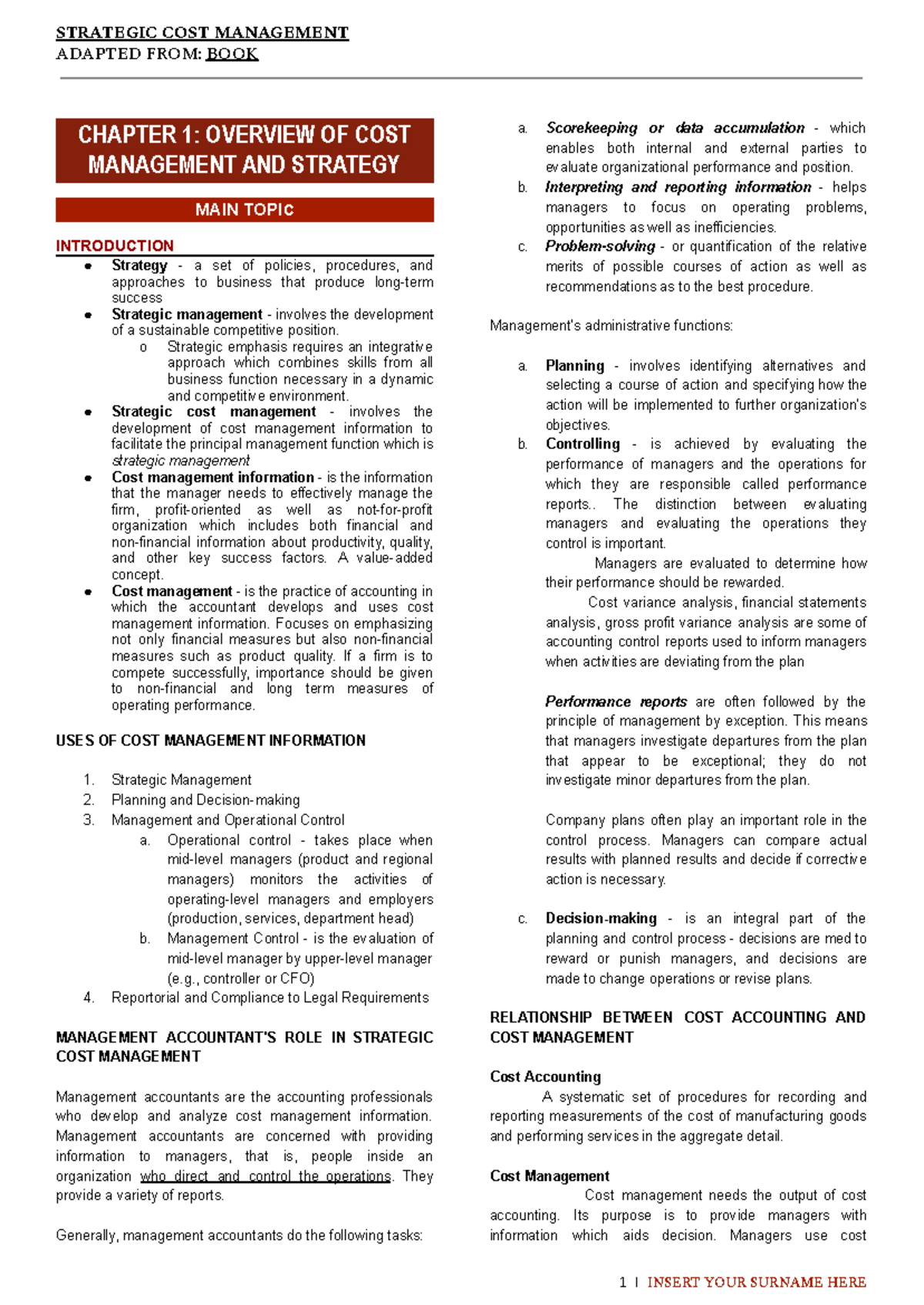 Strategic Cost Management - ADAPTED FROM: BOOK CHAPTER 1: OVERVIEW OF ...