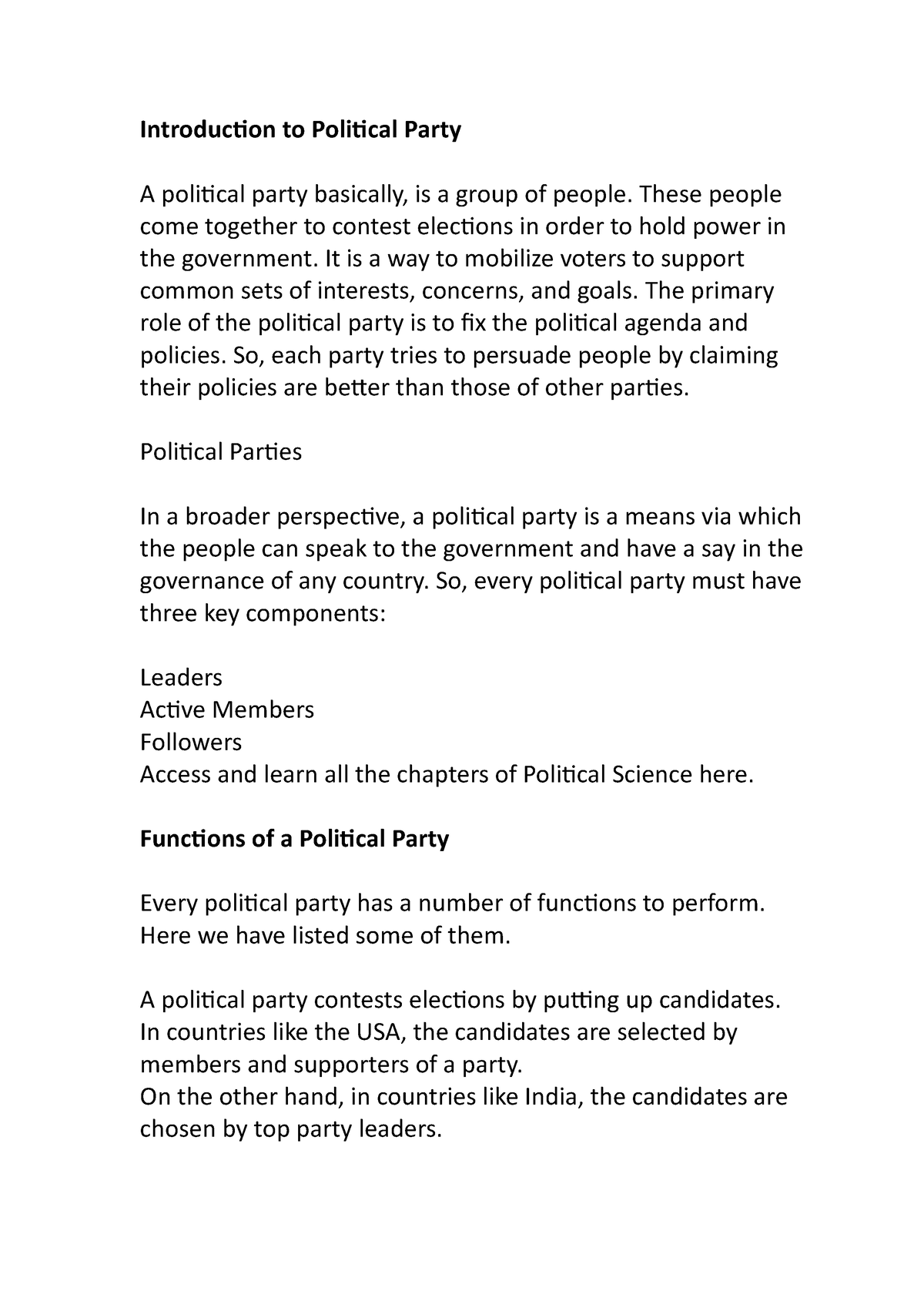 essay of the political party