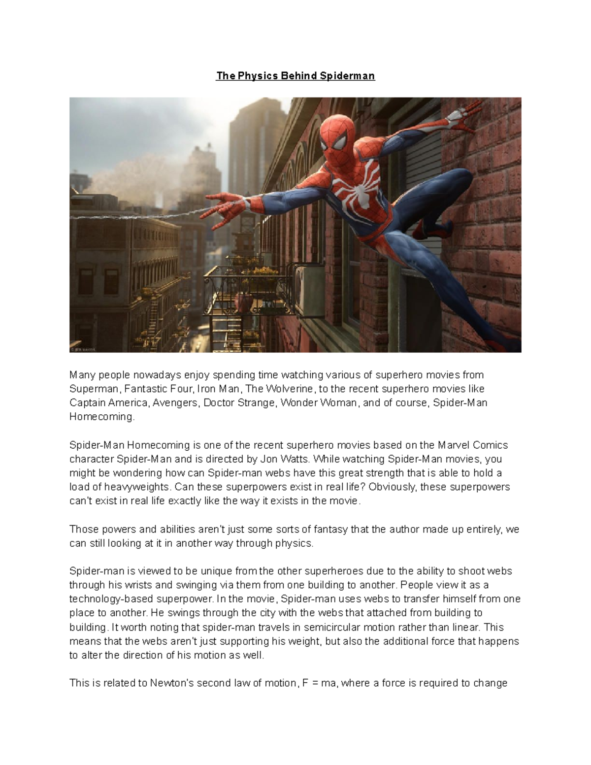 The Physics of Spider-man - The Physics Behind Spiderman Many people ...