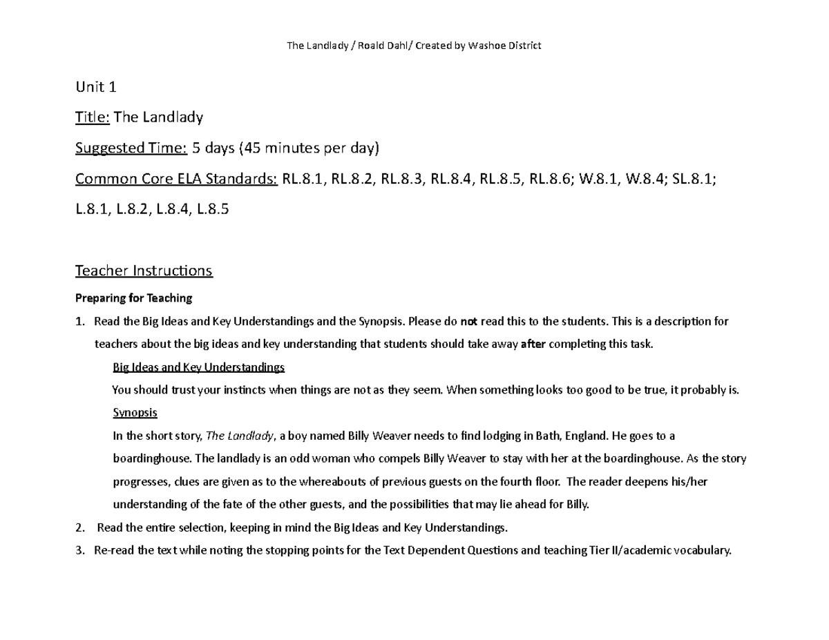 8. Landlady. Lesson - Anthology - Unit 1 Title: The Landlady Suggested ...