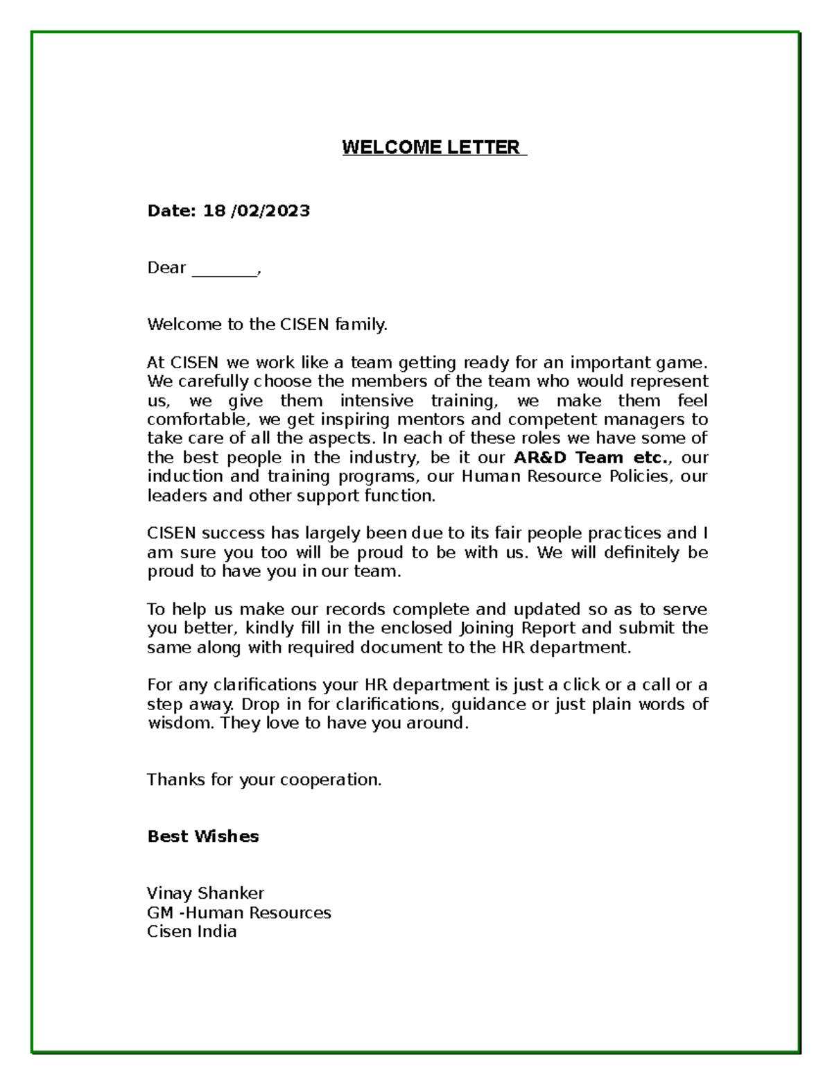 Induction Letter - WELCOME LETTER Date: 18 /02/ Dear ________, Welcome ...