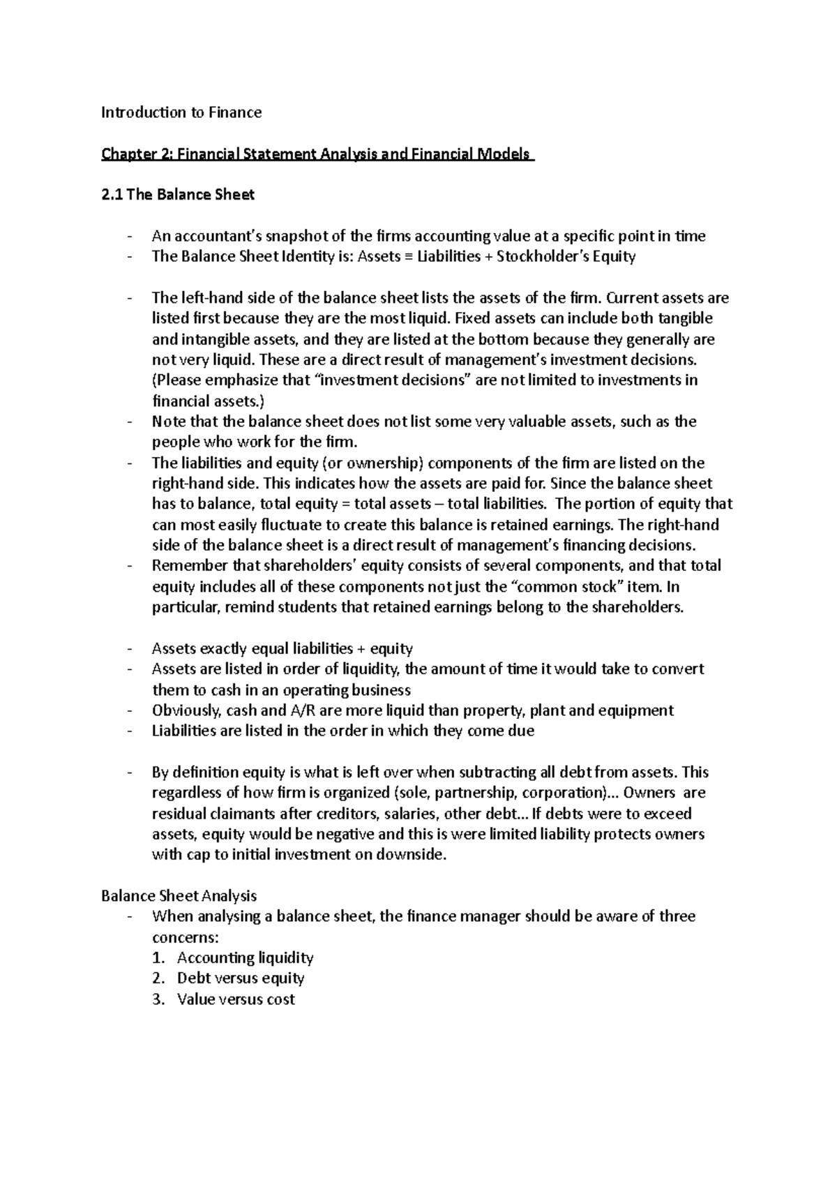 Chapter 2 - Introducion to Finance Chapter 2: Financial Statement ...